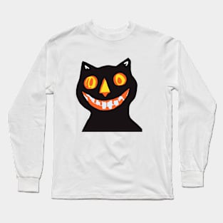 Black Halloween Smiley Cat Long Sleeve T-Shirt